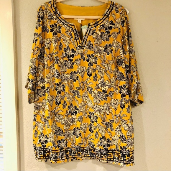 Magnolia Grace Womens Size 1X Mustard & Blue Floral Tunic Top Embroidered Trim - Picture 5 of 11